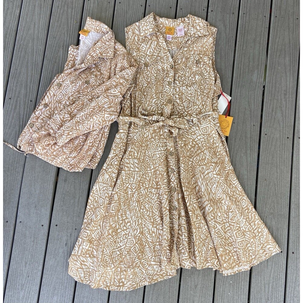 Ruby Rd 22W Linen Blend Belted Dress Jacket Set Tan Tribal Print Plus Size